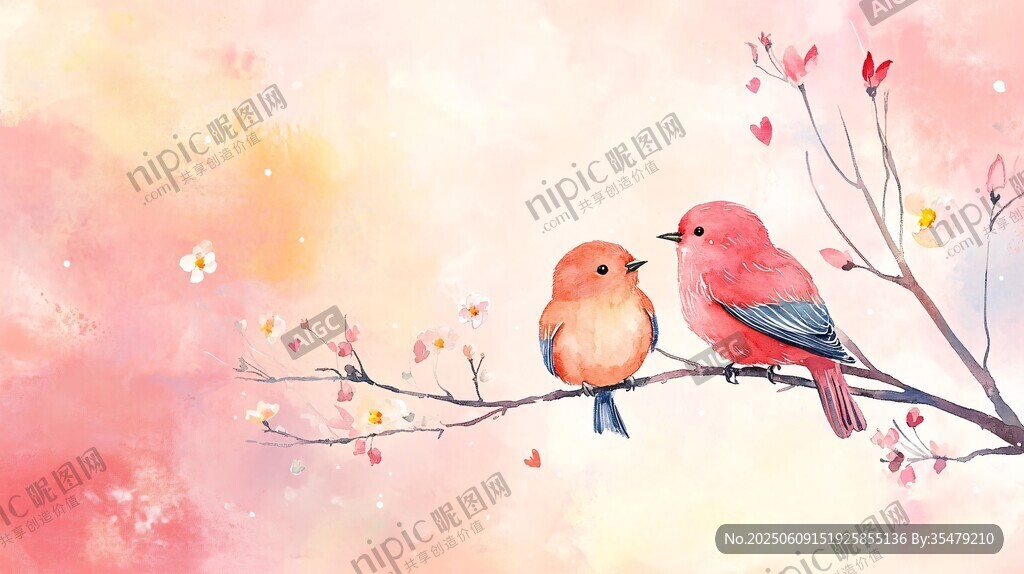 雙鳥棲枝賞爛漫春光