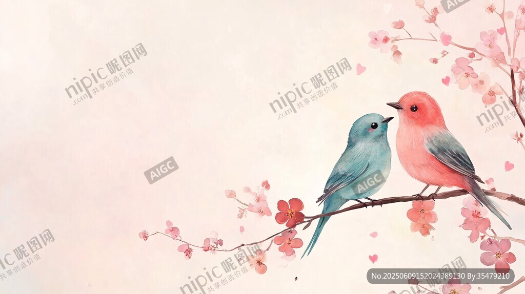 枝頭雙鳥共賞爛漫春花