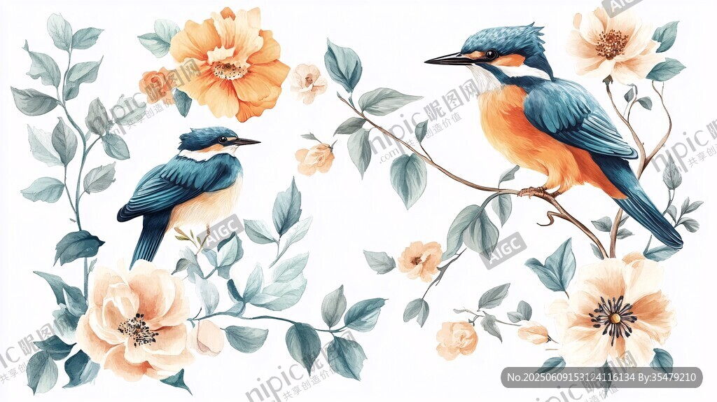 花鳥圖 翠鳥與爛漫花卉