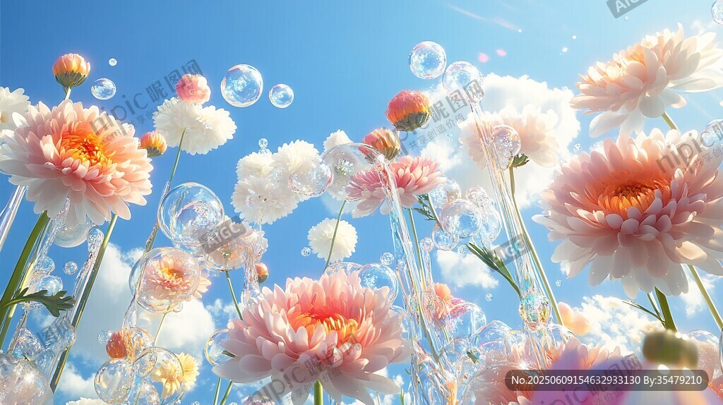 夢幻花朵與泡泡的天空之景
