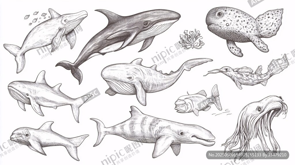 手繪海洋生物集合插畫