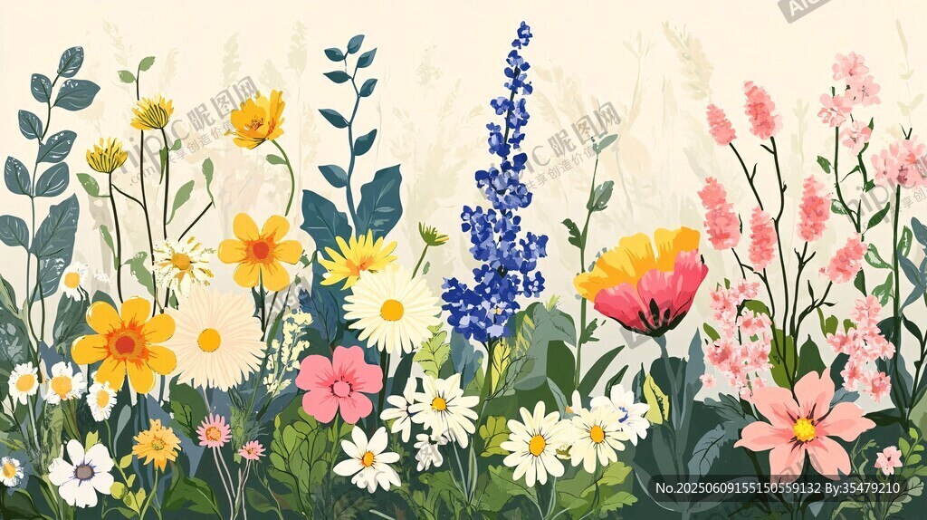 春日爛漫野花插畫