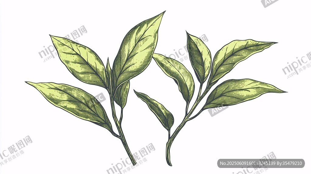 手繪嫩綠茶葉枝葉圖