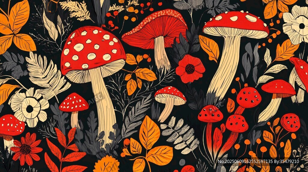夢幻森林蘑菇花卉插畫