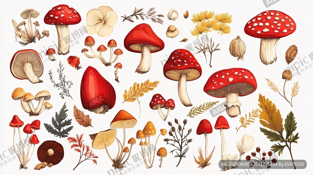 秋季蘑菇與植物插畫集合
