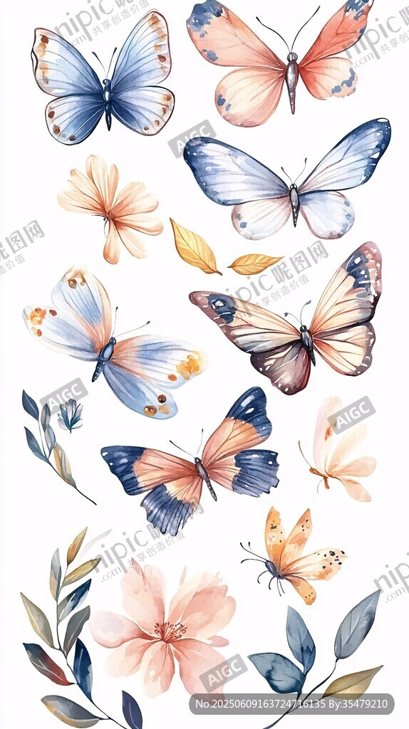 水彩風(fēng)蝴蝶花卉插畫素材