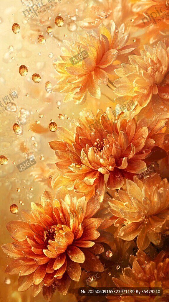 金色菊花帶露綻放之美