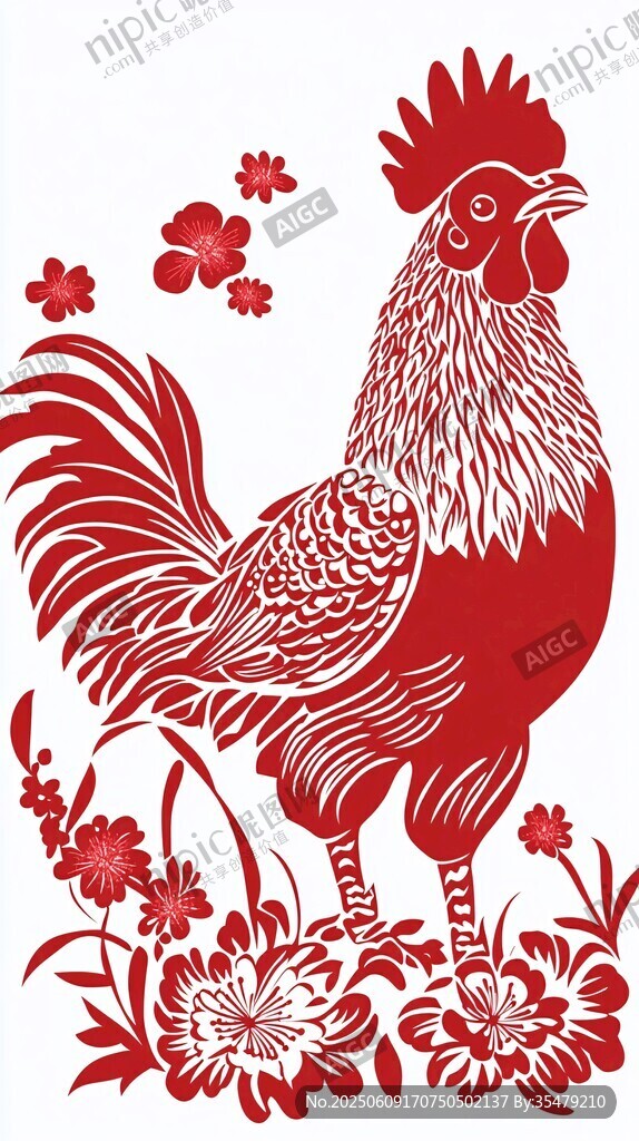 公雞剪紙圖 花卉相伴
