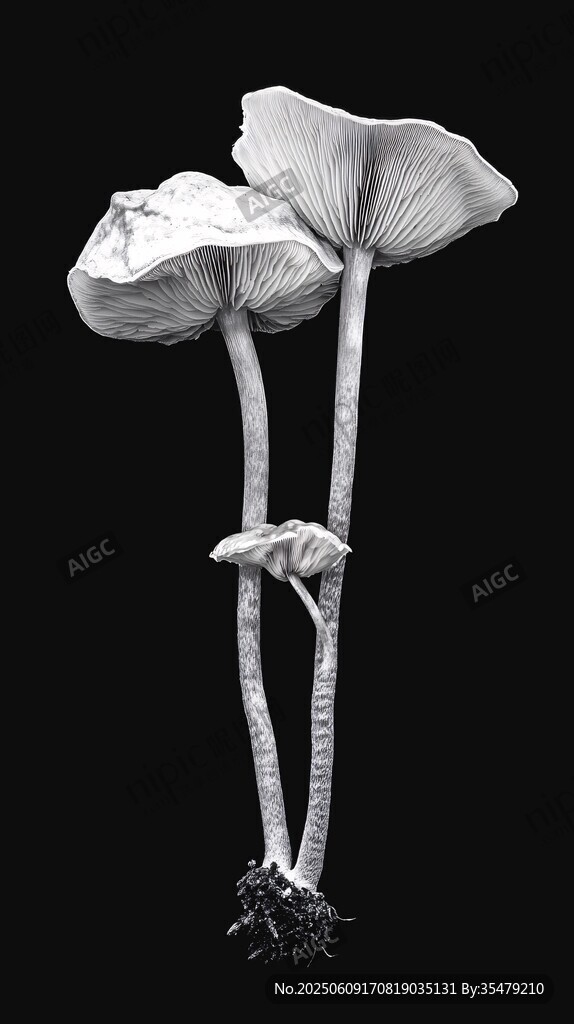 黑白三株蘑菇特寫(xiě)