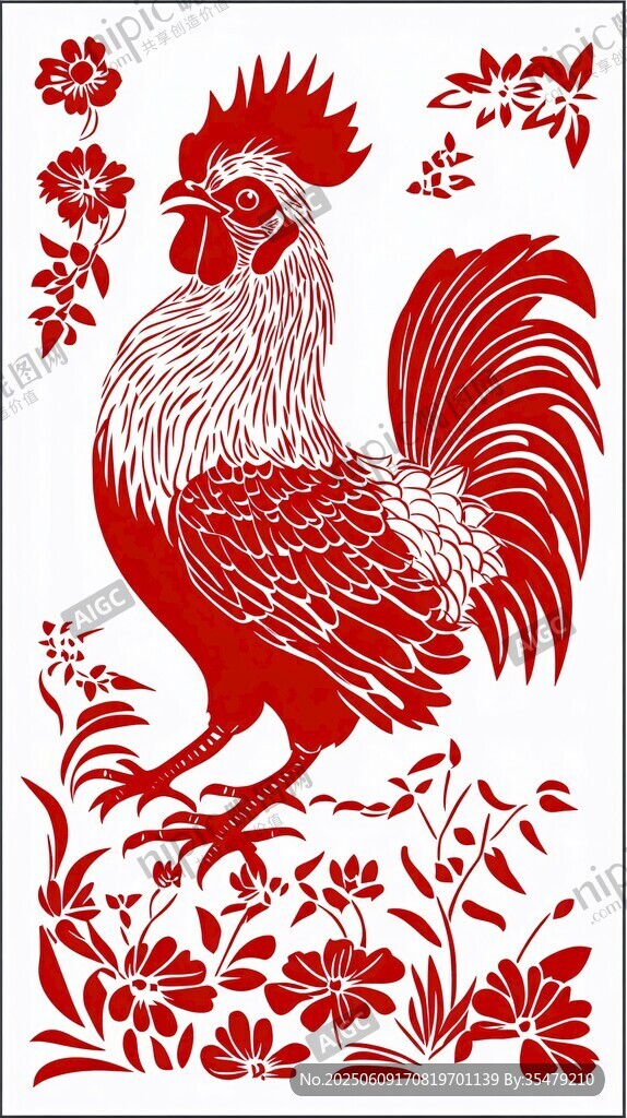 公雞剪紙 花卉間的靈動風(fēng)采