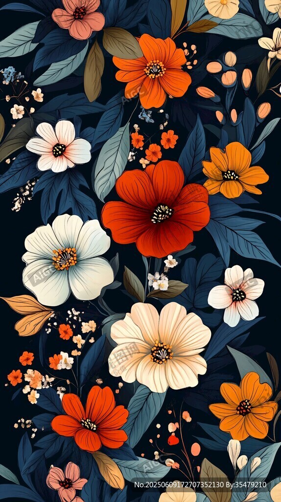 深藍(lán)色底多彩花卉圖案