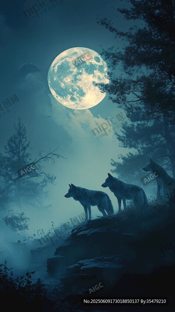 月夜狼群立于山林之巔