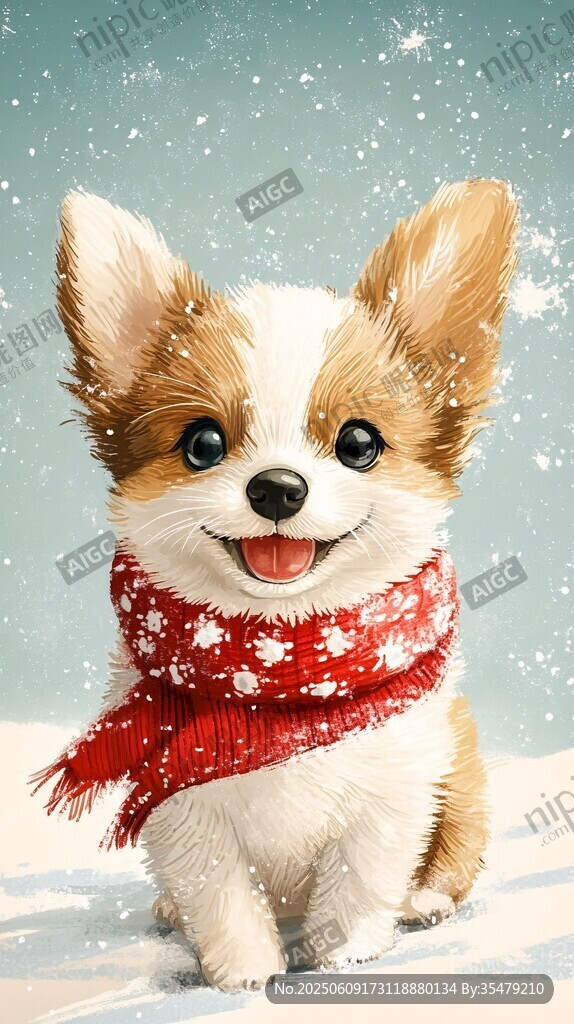 雪中小柯基戴紅圍巾賣萌