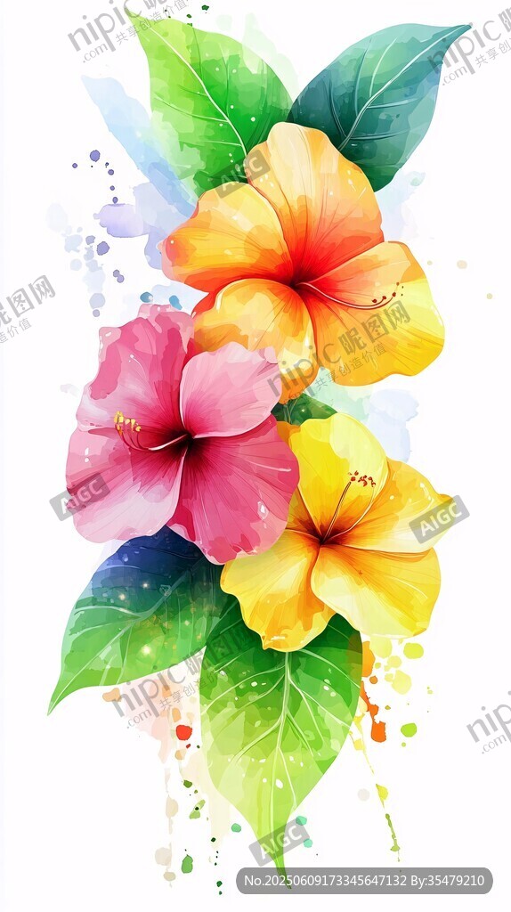 水彩繪三色扶桑花插畫
