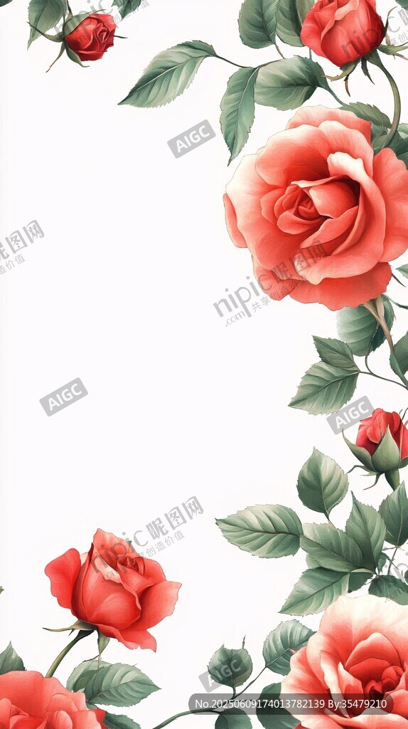 浪漫紅玫瑰花卉邊框圖案