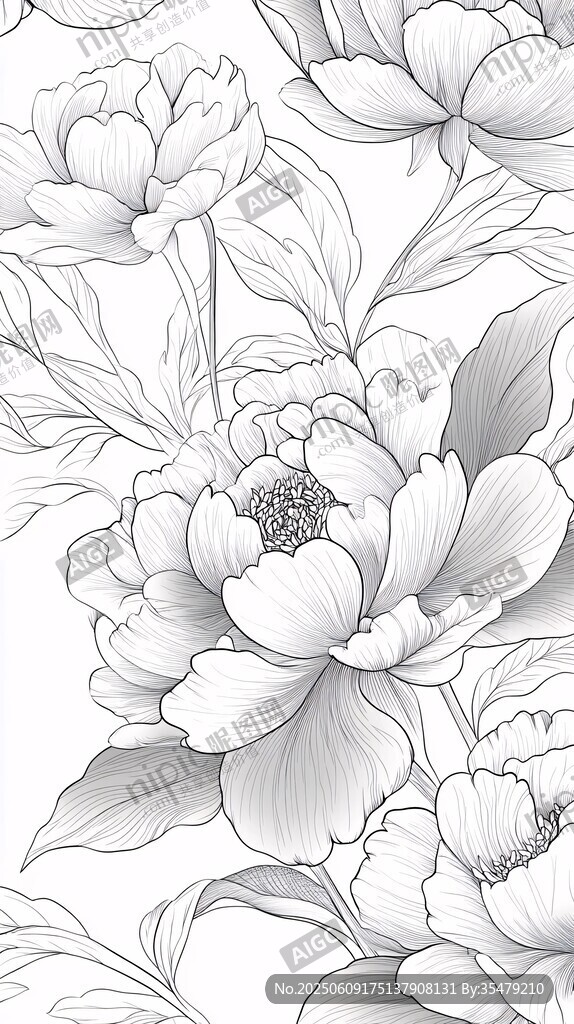 黑白花卉線描圖案