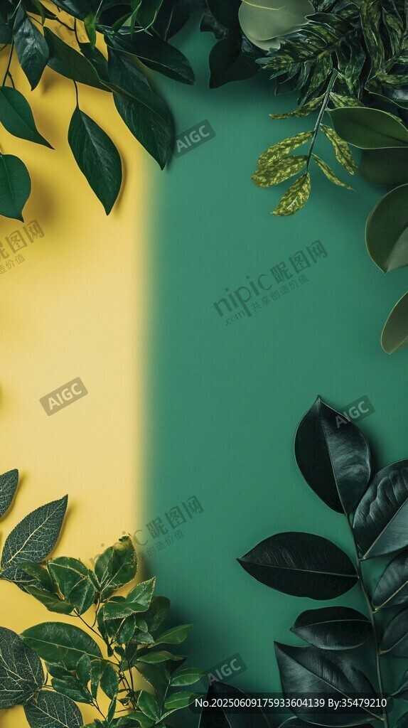 黃綠背景上的多彩植物葉片