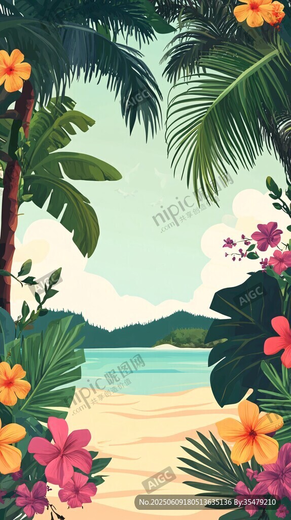 熱帶海灘花卉美景