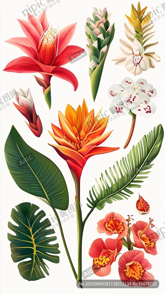 熱帶花卉植物精美插畫