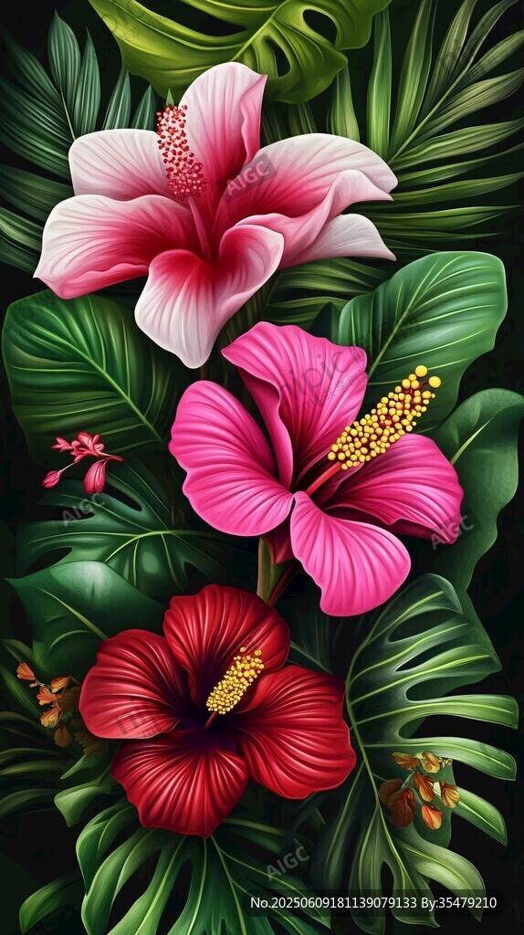 三朵扶桑花與熱帶綠葉