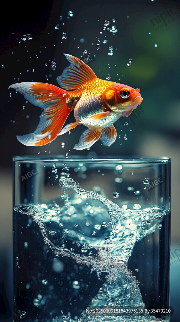 金魚躍出玻璃杯瞬間