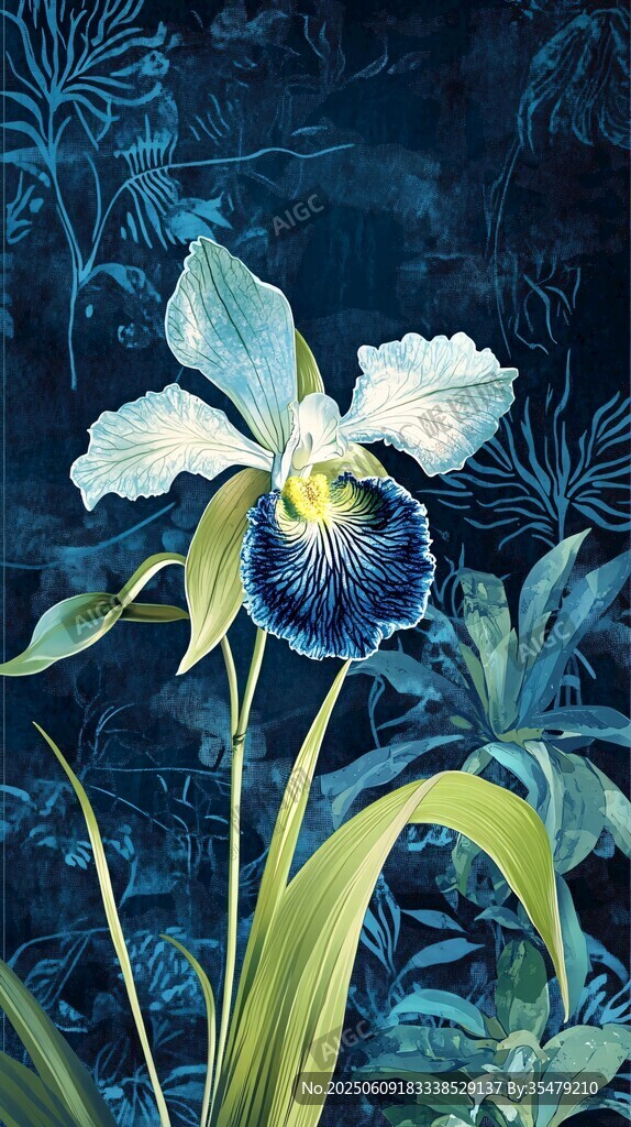 藍(lán)白鳶尾花與繁茂綠植圖景