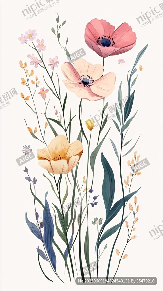 花卉插畫 繽紛花朵與綠葉