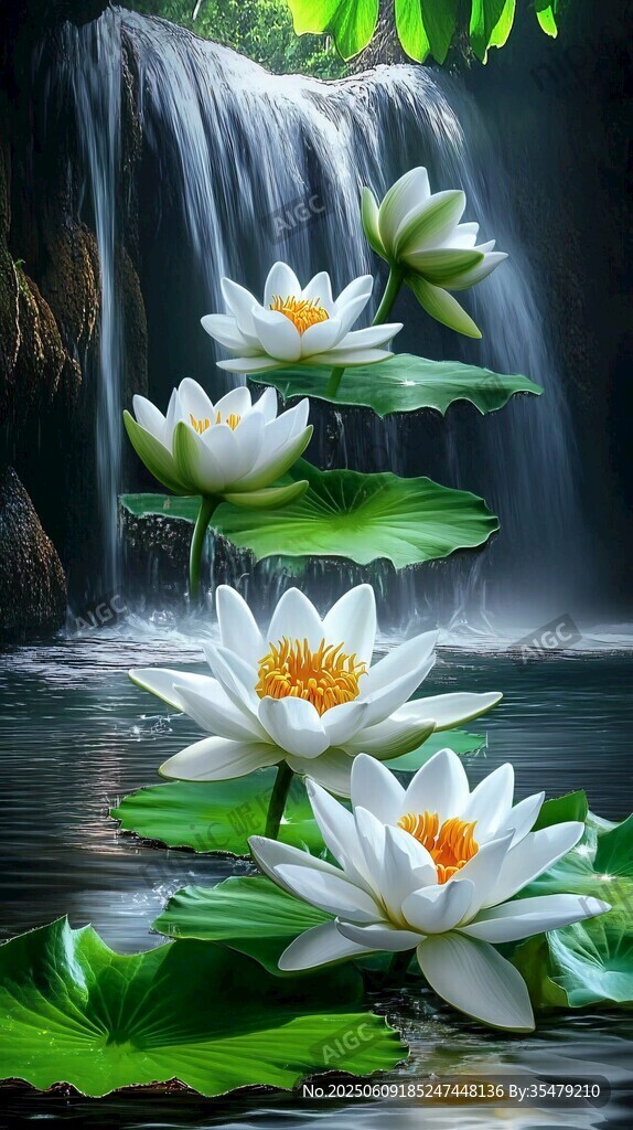 瀑布下的圣潔白蓮花