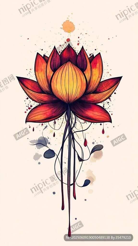 手繪絢麗蓮花藝術(shù)插畫