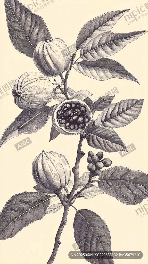 可可樹(shù)果實(shí)枝葉手繪插畫(huà)