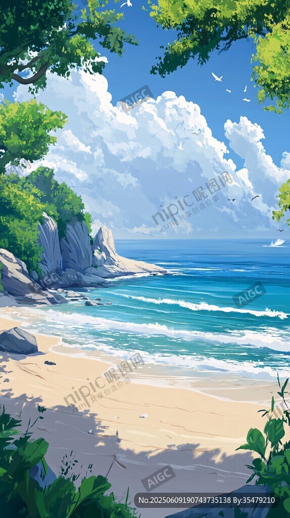 夏日海濱風(fēng)光夢幻插畫