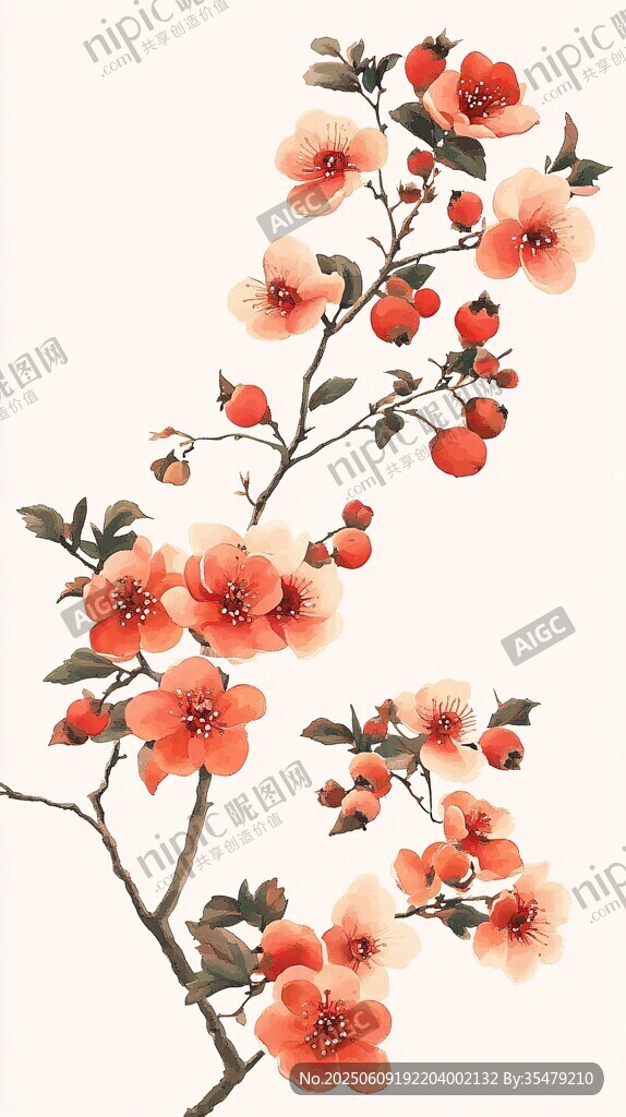 水墨風(fēng)盛開的嬌艷花枝