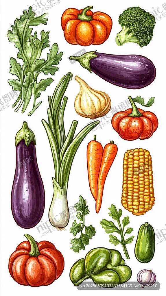 多樣新鮮蔬菜插畫集合