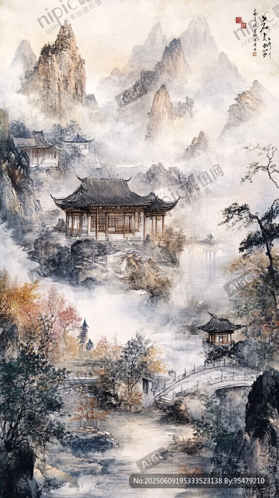 水墨山水間的古韻樓閣