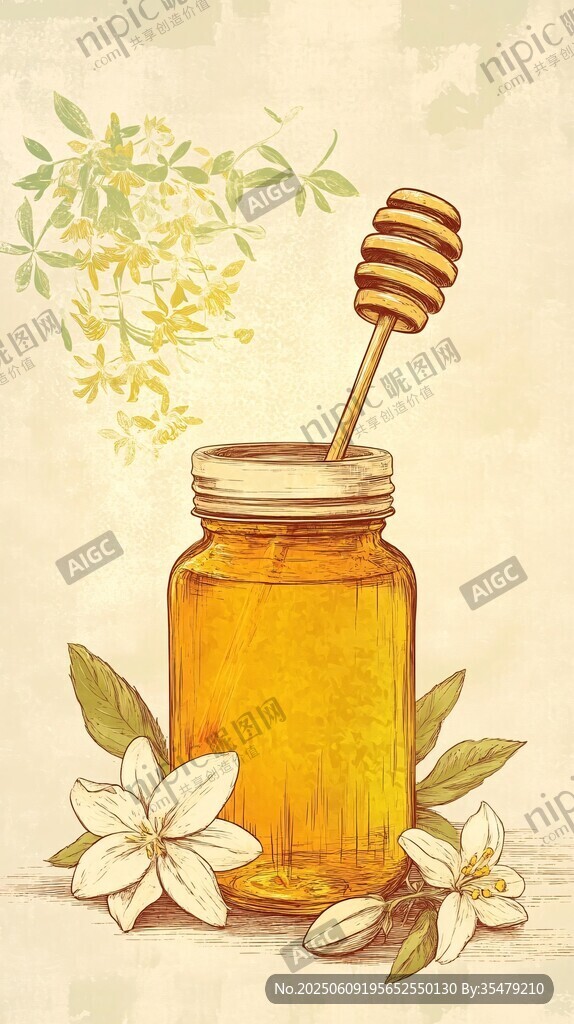 蜂蜜罐與花朵的溫馨畫(huà)面