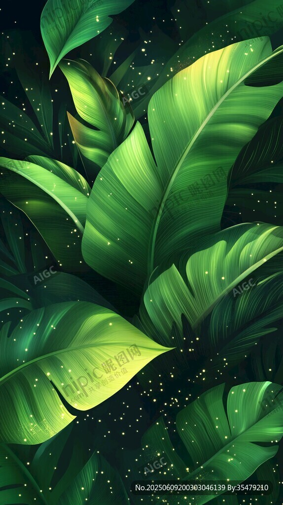 夢(mèng)幻熱帶綠葉星空插畫