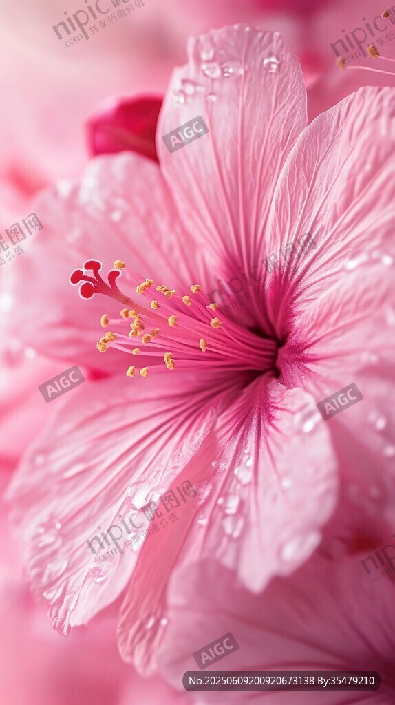 嬌艷帶露粉色花朵特寫