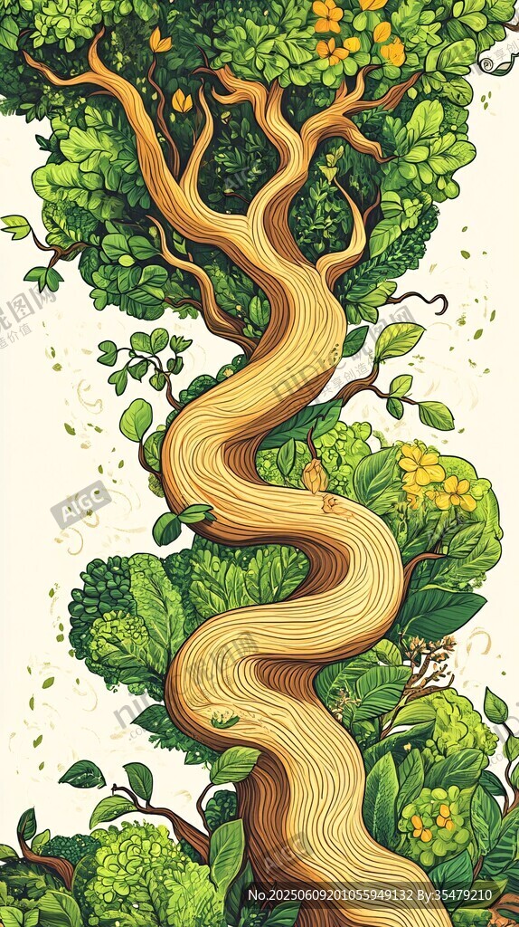 奇幻扭曲樹(shù)干與繁茂綠植