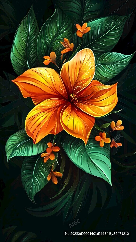橙色扶桑花與綠葉插畫