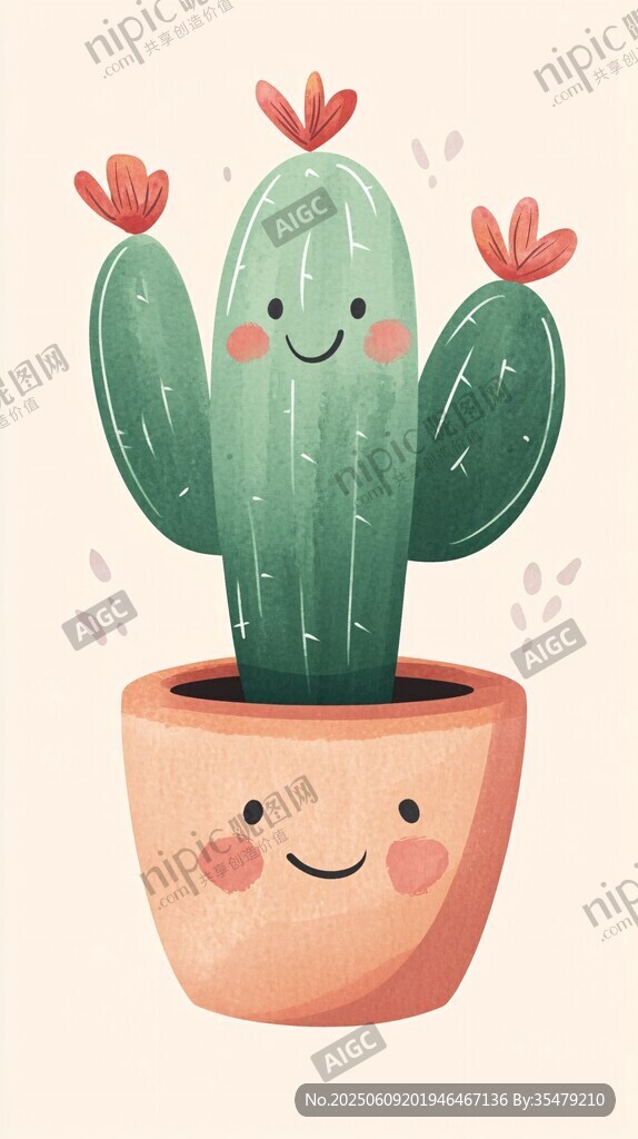 可愛笑臉仙人掌盆栽插畫