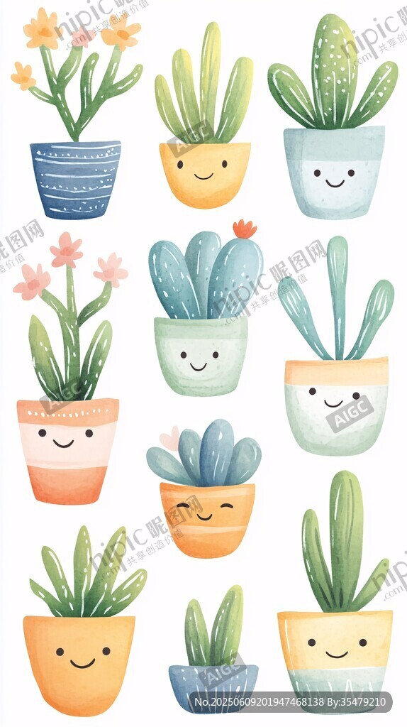 可愛笑臉盆栽插畫集合