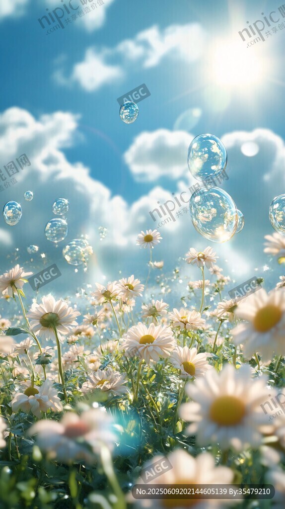 陽光下雛菊與夢幻泡泡