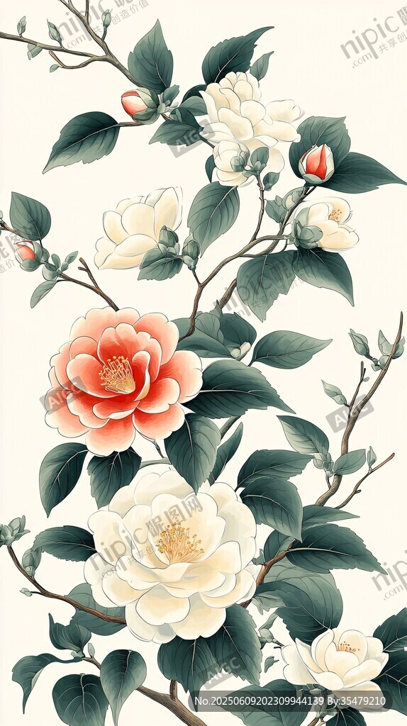中式典雅山茶花花卉圖