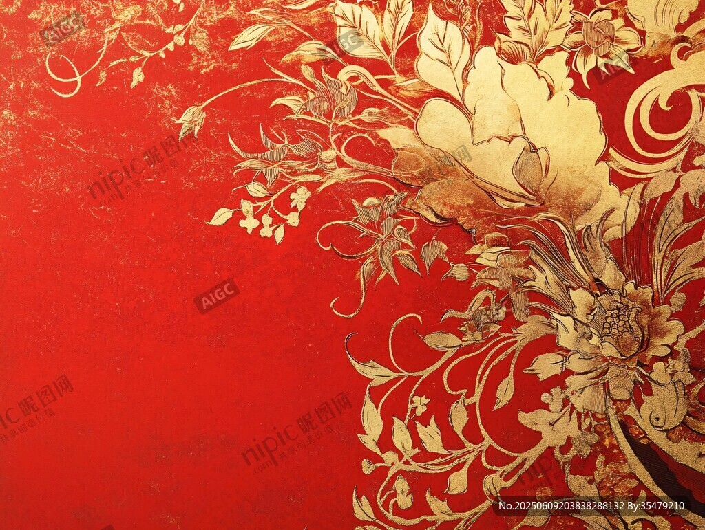 紅色背景金色花卉裝飾圖
