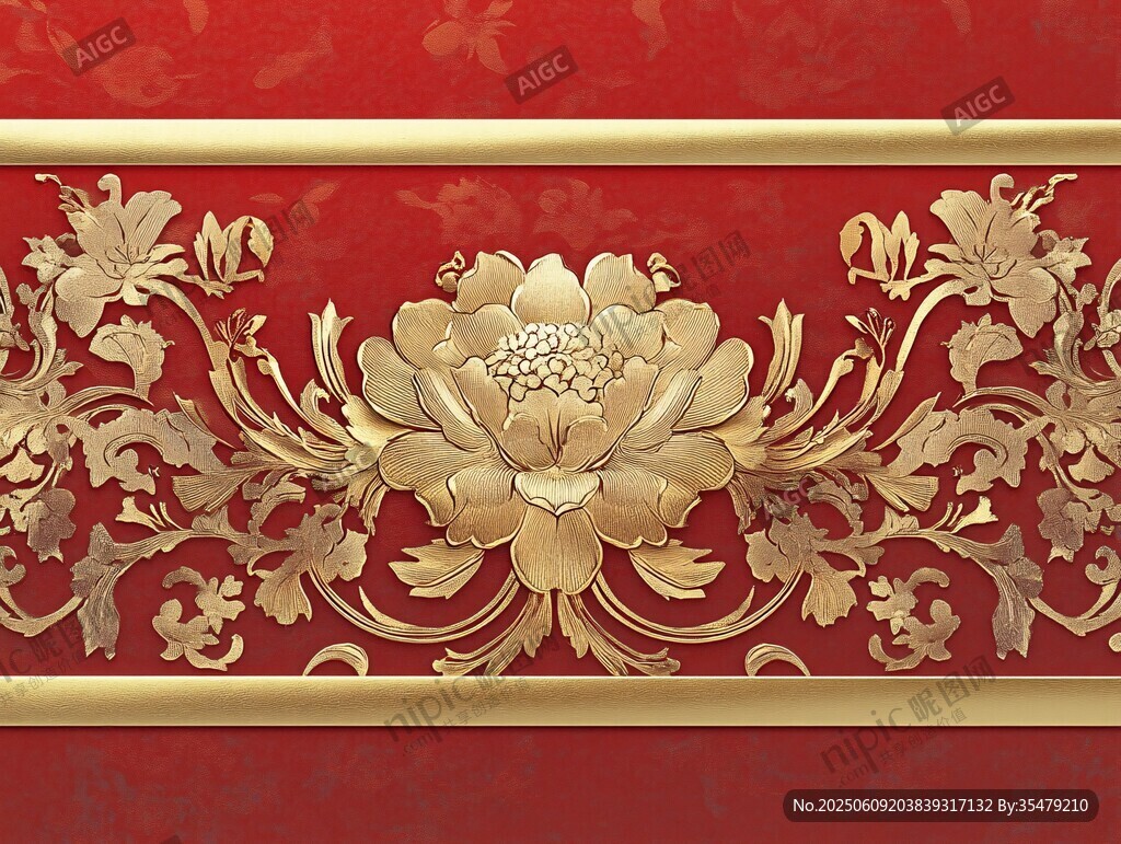 中式紅底金紋花卉裝飾圖案