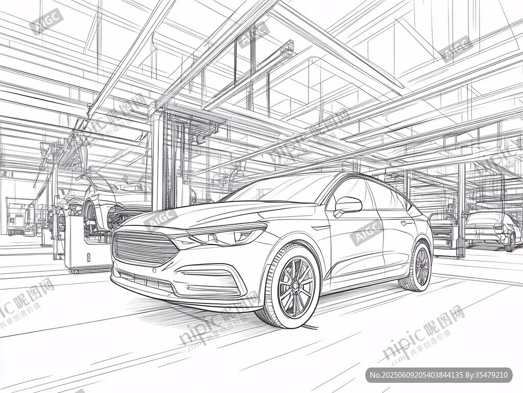 汽車工廠生產線素描圖