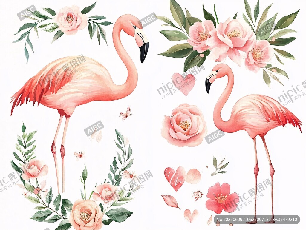 火烈鳥與花卉浪漫插畫元素