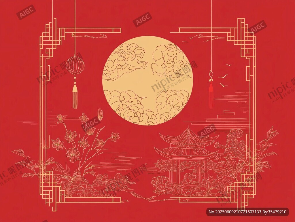 中式古典中秋月夜圖