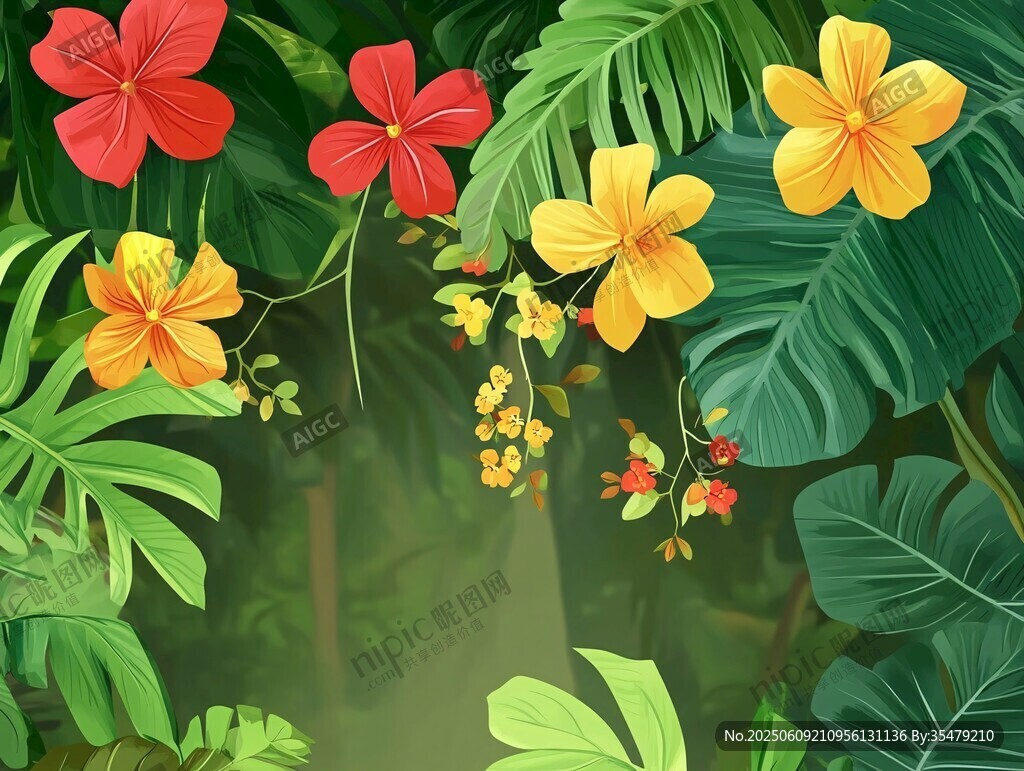 熱帶花卉與繁茂綠葉圖景
