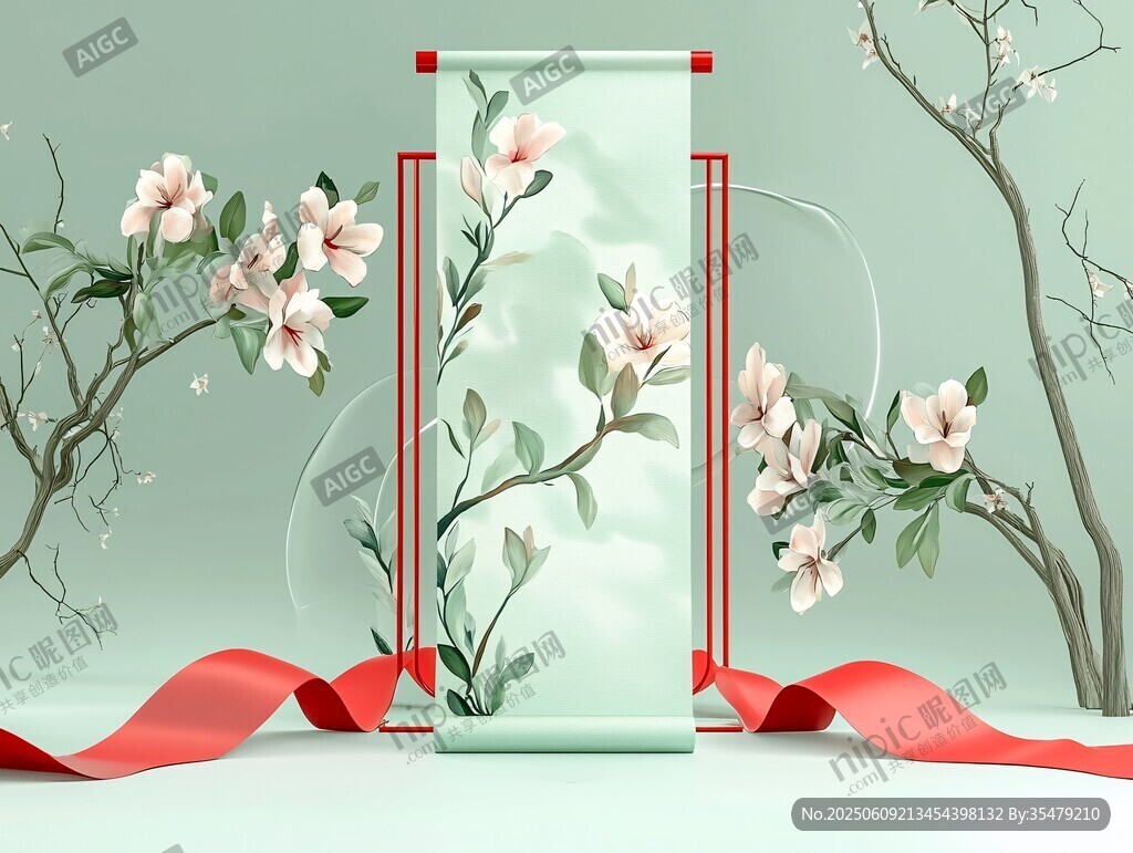 中式卷軸與爛漫花枝景致
